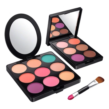 A photorealistic icon featuring makeup brushes, a lipstick being applied, an eyeshadow palette with colors in use and a compact mirror reflecting a half-done makeup look. The design captures the artistry and process of makeup with bright and realistic textures. Transparent background. sticker