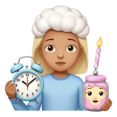 Emoji-style marshmallow test, child choosing between 1 marshmallow now and 2 later, clock above showing 15 minutes, cute lighting and pastel colors sticker