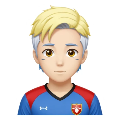 High school soccer player. Wears a uniform with red based and black on sides and yellow. His hair is a mixture of white on the top and blue on the bottom. He is a anime character from Bluelock and is Dutch. sticker