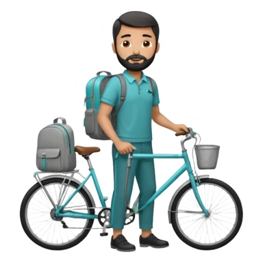 a man with a grey backpack and a torquoise byciycl and he has black shot=rt man hair and a beard with a polo grey shirt and dress pants sticker