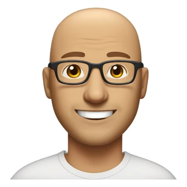 Bald middle age man with rectangle glasses, a wide nose, very light stubble, and smiling. Have him wear a dark t shirt, blue jeans, and tan work boots. don't make him fat but give him a wider, manlier frame sticker