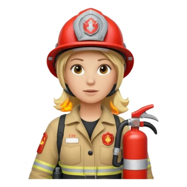 Firefighter with respiratory protection, blonde female, with fire extinguisher sticker