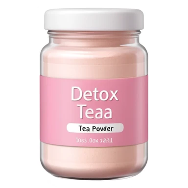 White jar of detox tea powder with pastel pink label, soft shadows sticker
