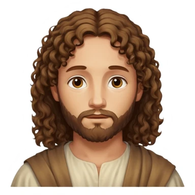 "Jesus with medium curly hair, not long, gentle expression, realistic yet soft digital painting, warm and serene colors." sticker