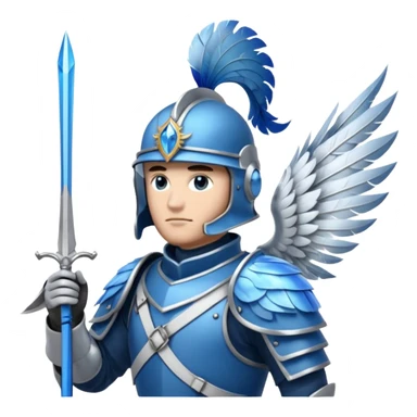 soldat en armure légère de couleur argentée et bleue, presque translucide, tenant une lance ornée d'un cristal. Son casque est stylisé avec des plumes d'oiseau. Il se tient devant un fond de nuages vaporeux. sticker