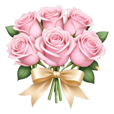 Romantic bouquet of pastel pink roses tied with an ivory satin ribbon, delicate golden sparkles. sticker