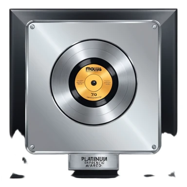 A platinum music award plaque: a square, polished platinum plate with a subtly textured, mirror-like finish, mounted on a simple dark metal base. The center features a relief of a or stylized vinyl record in a slightly darker metallic tone.  sticker