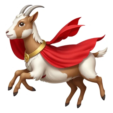 side view of white female goat wearing a read cape like superman sticker