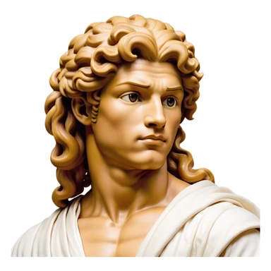 Cinematic Realistic Hercules Portrait, head tilted playfully and inquisitively, showcasing a blend of legendary power and youthful charm with the refined features of Michelangelo's David. His light tan, sculpted skin and thick, curly, golden brown hair—styled with wild majesty—evoke the spirit of the lion-wrestling Hercules. Clad in a softly draped white robe with subtle golden details and adorned with a Greek laurel wreath, his expressive eyes and warm smile capture an approachable yet formidable hero, bathed in gentle natural lighting. sticker