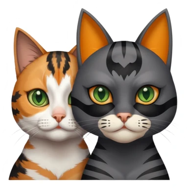 A grey tabby cat with dark grey stripes and green eyes sitting next to a calico cat with orange eyes, calico cat has dark fur around her eye almost like a Batman mask sticker