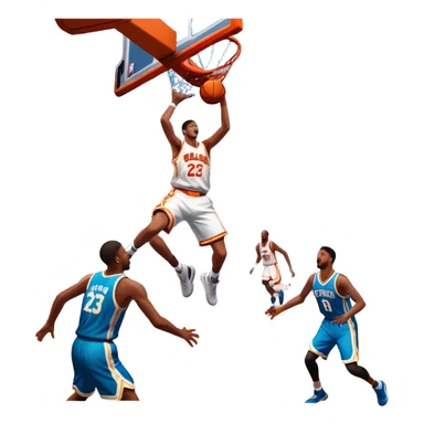 An icon showing a basketball court with players in action, inspired by NBA 2K25. A player jumps for a dunk, the ball mid-air, surrounded by a vibrant basketball arena with cheering fans and bright lights. Transparent background emphasizes the intense atmosphere sticker