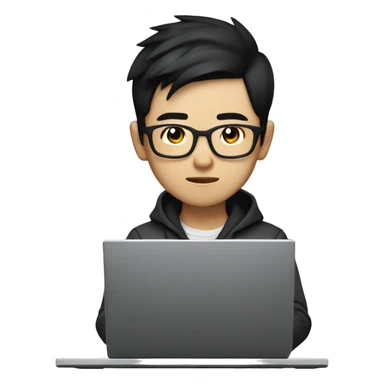 Cool asian boy, wearing glasses, with sharp features, focused expression. Short black hair, stylish casual clothes. Sitting at a computer, coding on the screen. High-tech environment, soft lighting, modern and sleek.  sticker