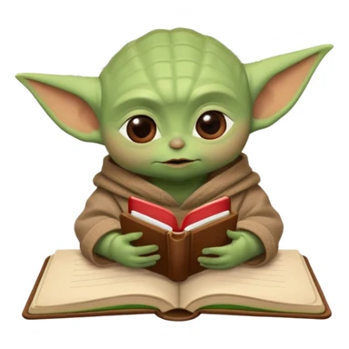 Baby Yoda con su tunica chocolate escribiendo en un cuaderno sobre un escritorio en un aula de clases sticker