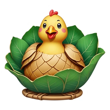 Beggar's Chicken wrapped in lotus leaf and clay, simplified emoji style with bold outlines and bright colors, cartoon style traditional Hangzhou dish before cracking sticker