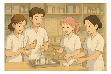 Four nursing students in Ghibli style, preparing equipment together in a care station, wearing white short-sleeve uniforms with V-neck medical tunics, left chest pocket, no collar stand, no stethoscopes, nothing protruding from sleeves, warm and collaborative scene sticker