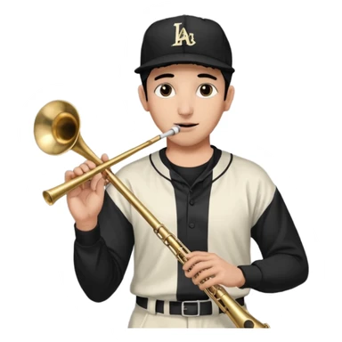 Un señor tocando el trombón (viendo hacia arriba, con los ojos cerrados), que tenga una gorra de béisbol negra de LOS ANGELES (LA), vestido todo de negro sticker