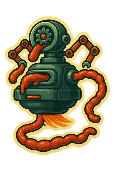 sausage-processing droid. retro-futuristic style. in front is a large industrial grinder rotating gears and blades. Two robotic arms feed material into grinder. Sausage links extrude from the rear like  factory. The body is metallic, compact, and floats above the ground.no legs. Dark humor sticker