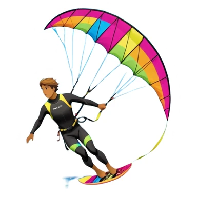 A vibrant kite soaring high in the sky, attached to a kiteboarder riding the waves below. The scene is filled with bright colors, capturing the energy of the sport. The background features the ocean, wind-blown waves, and a clear sky, showcasing the excitement and freedom of kiting. sticker