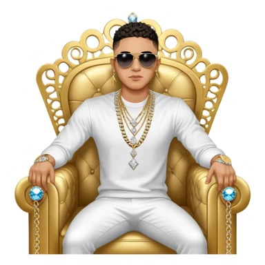 Celebrity millionaire entrepreneur Josh King Madrid, designer fit, 3 diamond sparkling tennis chains, seated on a massive gold throne, sunglasses on, lightskin tan tone, diamond sparkle earrings, private jet behind him sticker