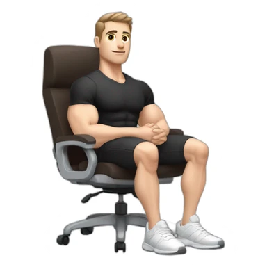 Pale skinned Fit Man With the biceps and dark brown hair in black shirt, gray sports shorts and white Sneakers Sitting on a chair sticker