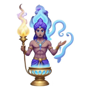 mystical fantasy illustration of a powerful jinn emerging from an ancient golden lamp. Glowing blue and purple smoke spirals upward in a smooth circular motion, creating the illusion of a looping animation.  sticker