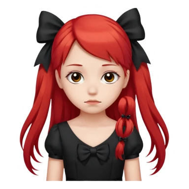 red long twin tail hair girl with black bow on her hair wearing black dress with a sad face sticker