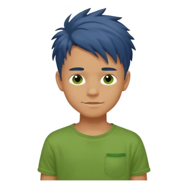 A 14 yerar old teenage boy, slightly tanned, wearing a green tshirt (no shirt pocket), blue jeans and green sneakers with brown tousled hair, smirking sticker
