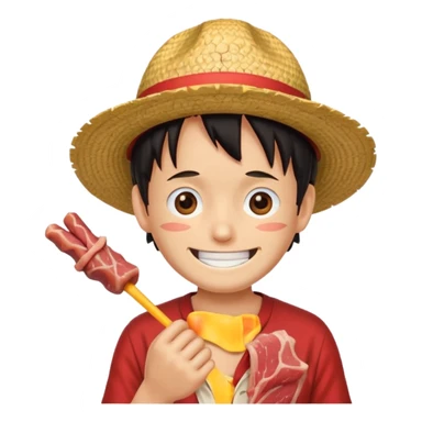 An emoji of luffy in a straw hat in one piece eating meat and laughing.  sticker
