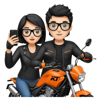 una pareja montada en una moto, cierto que el muchacho sea un morenito que vaya manejando su moto con su casco y la muchacha que sea blanca, o sea de la mujer que sea blanca, pelo negro con gafas y vaya tomándose una selfie, van los dos montados en la moto la moto es KTM DUKE NG200 sticker