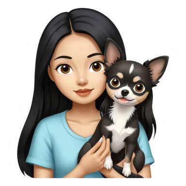 Thai woman with flowing black hair playing with a black and white Chihuahua dog sticker