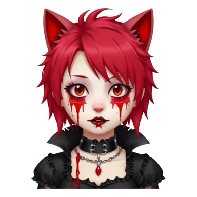 Shiny furry beautiful cute cool gorgeous attractive cute gothic anime cat-girl-lady with bloody hair, bloody lips, bloody face, blood-choker, spiked collar, frills, black dress, red rubies, messy tousled hair  sticker