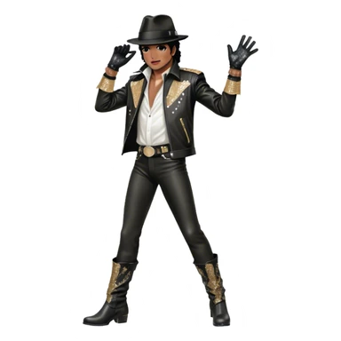 Icon for R&B Music: Michael Jackson on stage in full body, wearing his iconic concert costume—black leather jacket, sequined glove, fedora, and boots. He strikes a powerful pose, embodying the energy of R&B music. Transparent background. sticker