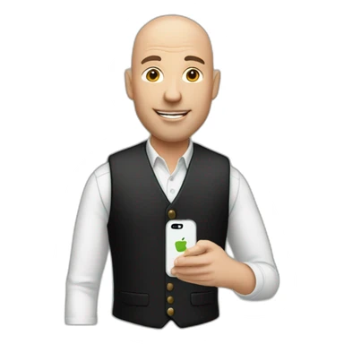 a bald man in a black jacket and vest, holding a white iPhone 14pro in his hand sticker