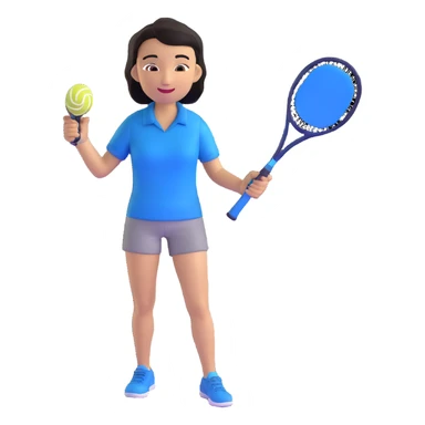light brown skinned tennis coach, short straight black hair with widow's peak, oval face, small eyes, smiling, holding blue Yonex racket, wearing navy blue dry fit shirt sticker