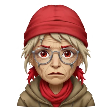 very dirty looking homeless woman with ripped red hat with ugly hair and broken glassess sticker