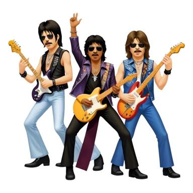 Icon for Rock Music: collage of iconic rock musicians—Klaus Meine, Jimi Hendrix, Kurt Cobain, Freddie Mercury, and Ozzy Osbourne—playing electric guitars and singing on stage. Capturing the powerful energy and rebellious spirit of rock. Transparent background. sticker