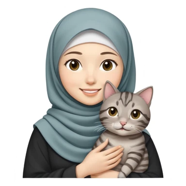 Asian White girl wearing hijab holding a black grey tabby cat while smiling.  sticker