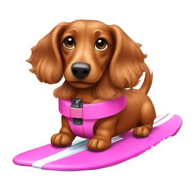 Long haired miniature dachshund red colour with pink collar on waterskis sticker
