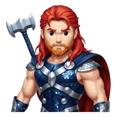 Thor, God of Thunder from Gods and Goddesses with long red hair, dark blue and silver sequin outfit sticker