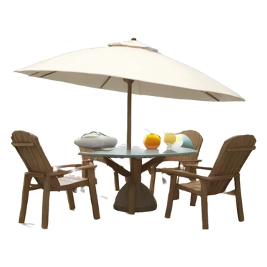 Beach table with chairs and a large umbrella. There are 6 large solar panels on the umbrella sticker