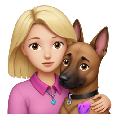 Blonde girl with brown eyes snuggling a Malinois with a pink collar  sticker