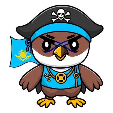 Pirate character with Kazakhstan flag colors and elements, eye patch, pirate hat with Kazakhstan eagle symbol sticker