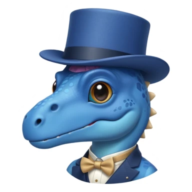 A flat blue dinosaur like 🦕 with monocle and tophat sticker