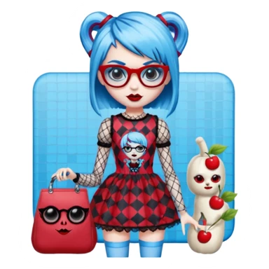 Ghoulia yelps monster high doll in scene/emo style cherry print dress with fishnet sleeves, clothes, thin, small, red, rectangle glasses, pale white-blue skin, pixie-cut sticker