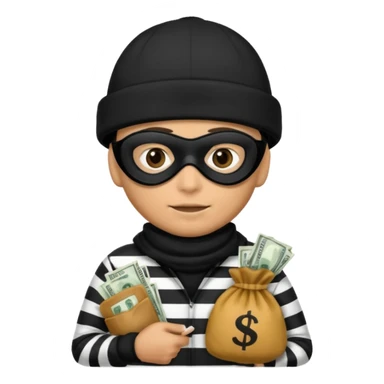 A emoji of a person wearing a black and white robber outfit and a black winter hat and a black mask and a Money Bag sticker