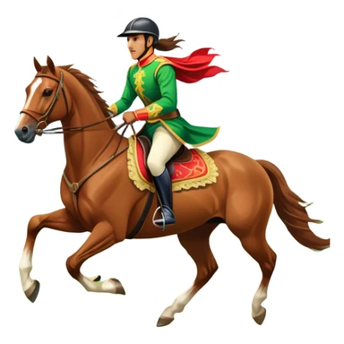 An icon showcasing a majestic horse and rider in full gallop across a lush green field. The background features a clear sky, distant mountains, and a vibrant landscape. The rider wears traditional gear, while the horse leaps with grace and power. Transparent background sticker