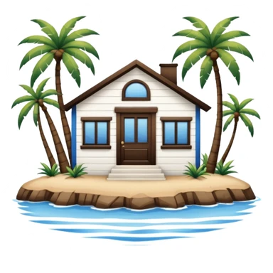 A full square 1 by 1   white and blue stripe house horizontally with brown wooden door on a island with palm trees  sticker