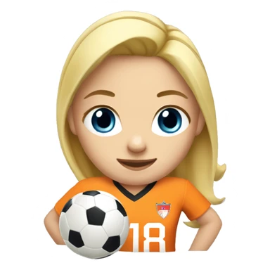 Soccer player girl with blond hair wearing an orange jersey with #18 sticker