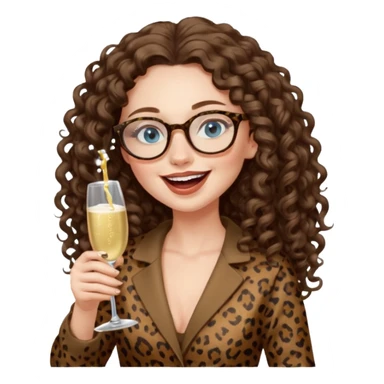 a blue eyed woman with very long brunette curly hair, full lips,and really pale skin. She is wearing a leopard printed thin round-ish glasses . She is wearing fully brown clothes. She is celebration sth with a bottle of champagne and laughing sticker