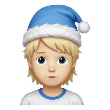 create boy blonde hair long messy, light eyes, white t shirt, rich, long hair, eyes blue, acessory head cristimas blue hat, fluffy hair medium long hair sticker
